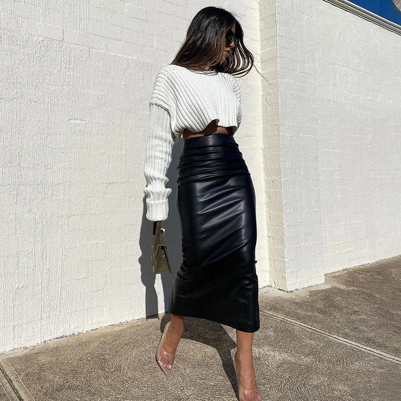 Jupe mi-longue fendue en Faux cuir pour femmes, slim, noire, Sexy, longue, Club Y2K, taille haute, m