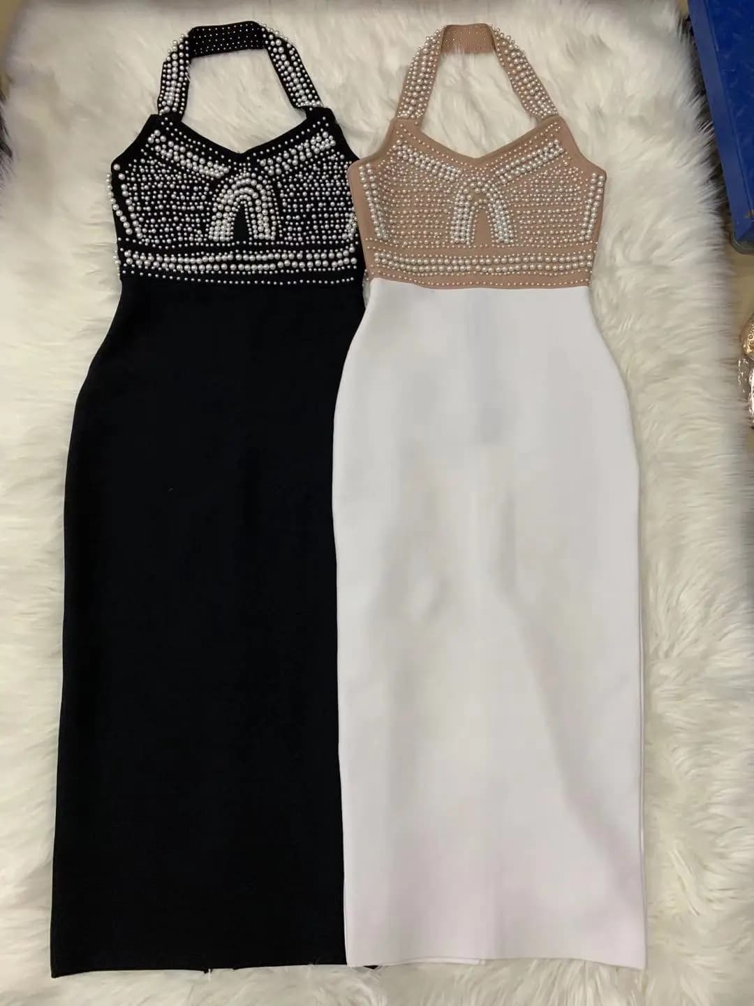 Top qualité haute rue blanc noir Sexy épaules dénudées sans manches perles brillant genou longueur r