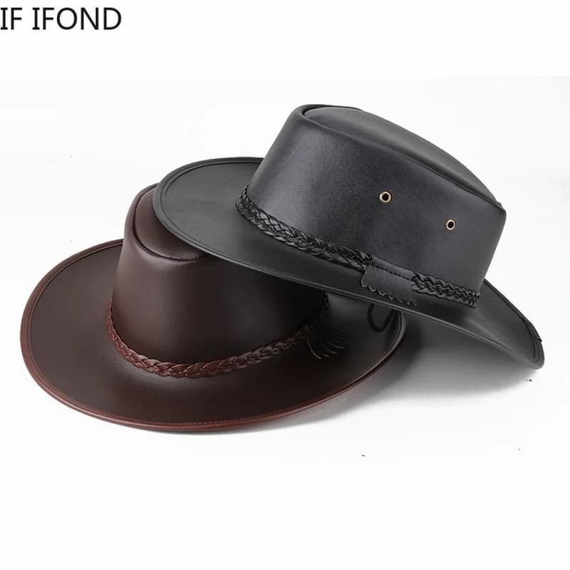 Chapeau de Cowboy Western en Faux Cuir pour Homme, Casquette Vintage de Jazz, de Haute Qualité, Auto