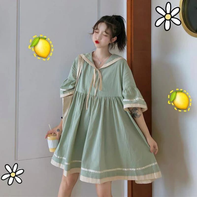 Robe trapèze à manches courtes évasées pour femmes, robe à lacets, plissée, rayée, adt Harajuku, étu