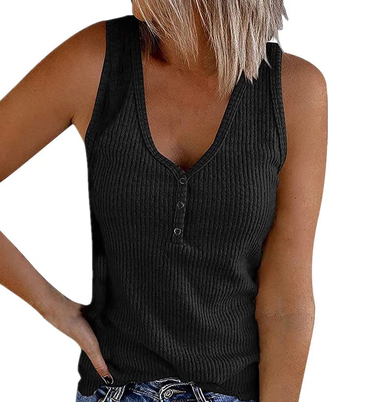 T-shirt col en V pour femme, estival et sexy, estival et décontracté, avec boutons, couleur unie