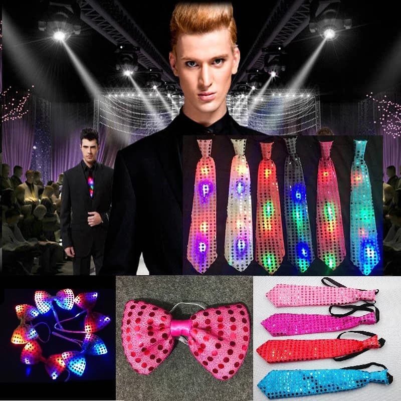 10 pièces hommes nœuds papillon LED clignotant éclairer paillettes garçons cravate Club fête de noël