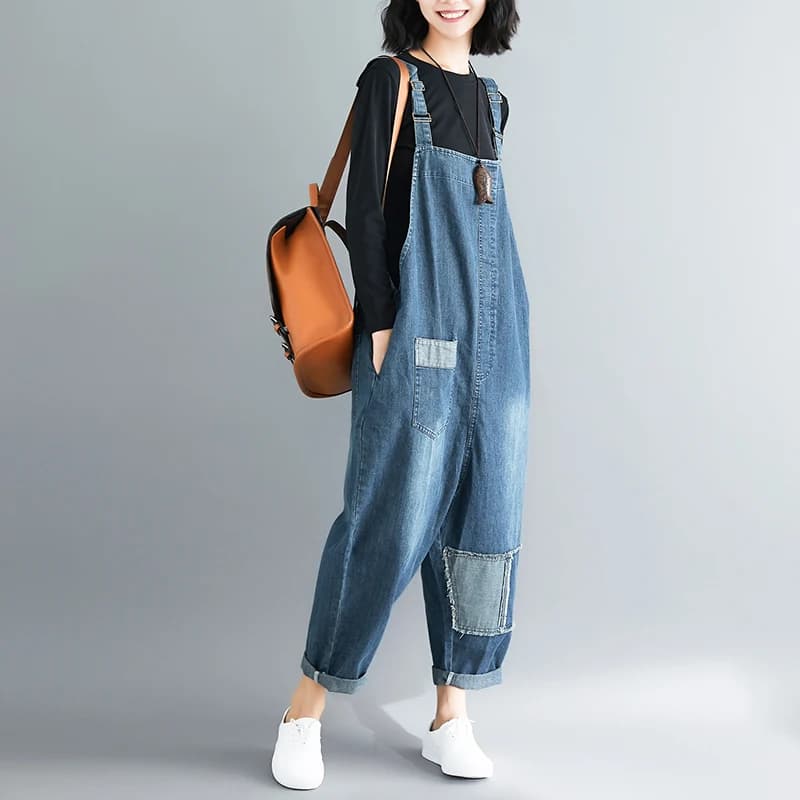 Salopette en Jean Vintage pour Femme, Vêtement en Denim, Surdimensionné, Patchwork, Solide, Décontra