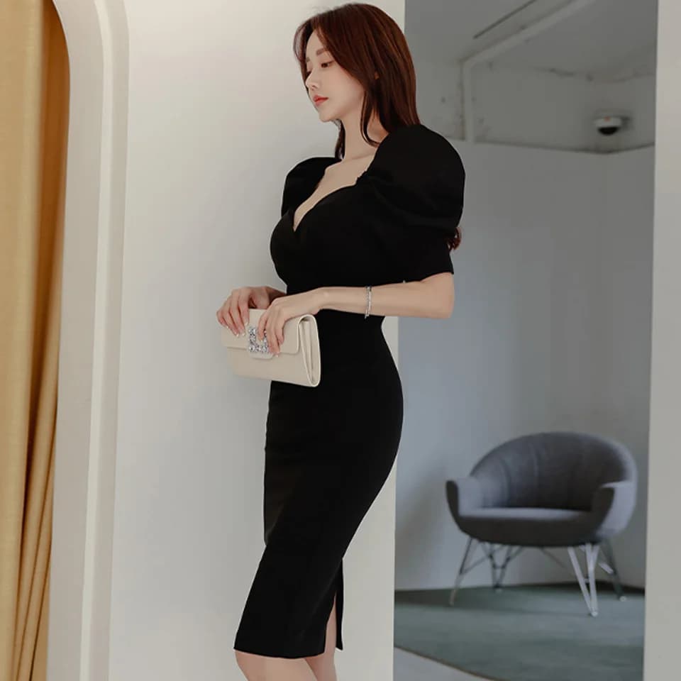 Robe crayon noire à manches bouffantes et col en V pour femmes, robe de bureau, simple, taille haute