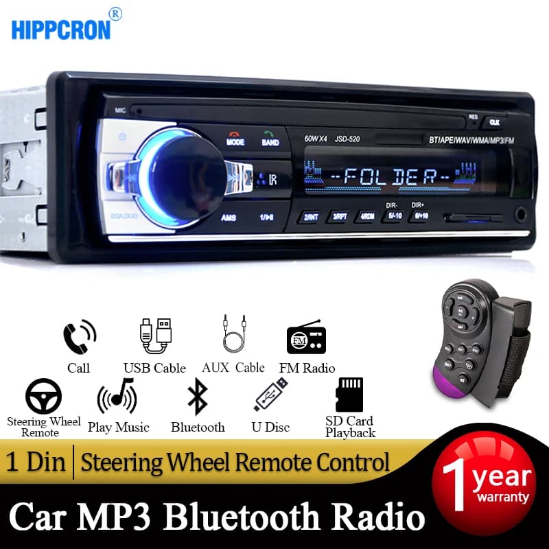 Autoradio avec Bluetooth, 1 Din, 12V, Lecteur Audio de Voiture, Régule 3 60W x 4, Radio FM, Musique,