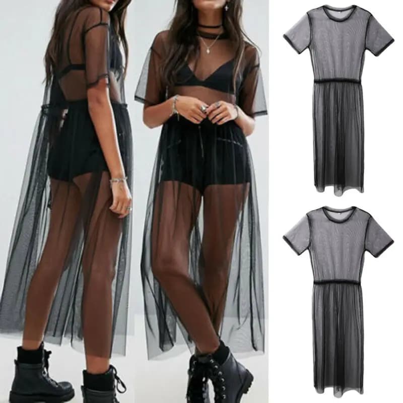 Sexy femmes soirée noir voir à travers maille robe pure Maxi robe Tulle dentelle longue robe décontr