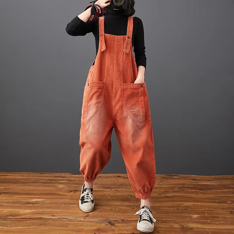 Salopette en Velours Côtelé pour Femme, Streetwear à la Mode, Grande Taille, Poches Solides, Jambes 