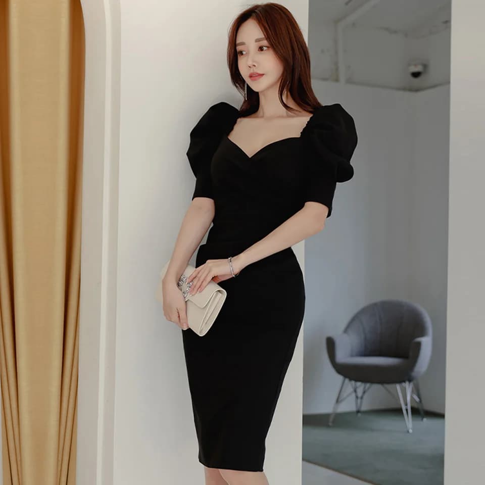 Robe crayon noire à manches bouffantes et col en V pour femmes, robe de bureau, simple, taille haute