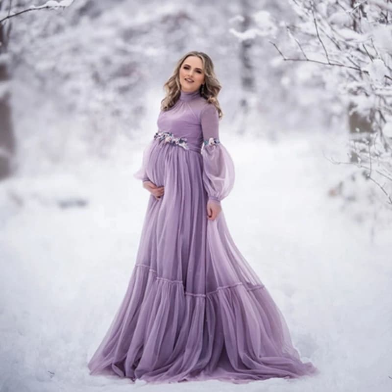 Robe Longue Drapée en Tulle pour Femme Enceinte, Tenue Élégante en Maille, Violet Clair, Col Haut, F