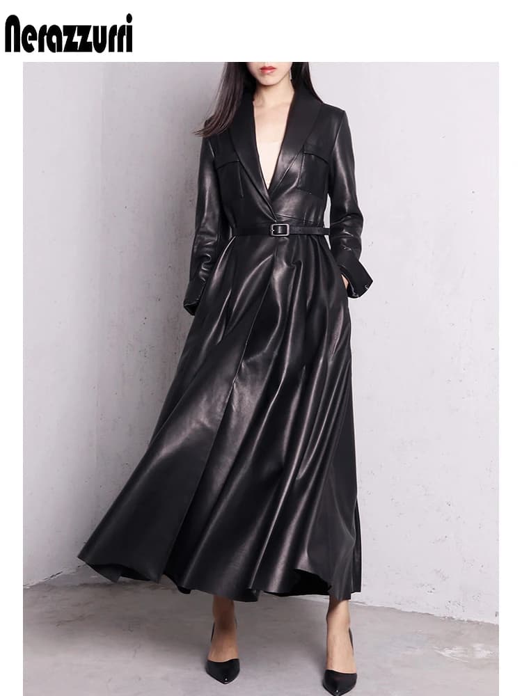 Nerazzurri-Manteau Maxi en Cuir PU pour Femme, Jupe Extra Longue, Pardessus Élégant, Rouge, Noir, Ha
