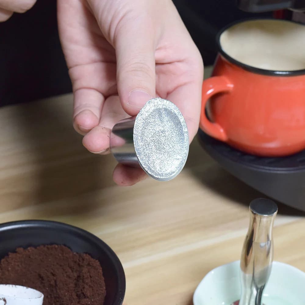 Autocollant de remplissage de capsules de café, en acier inoxydable, auto-adhésif, couvercle de bras