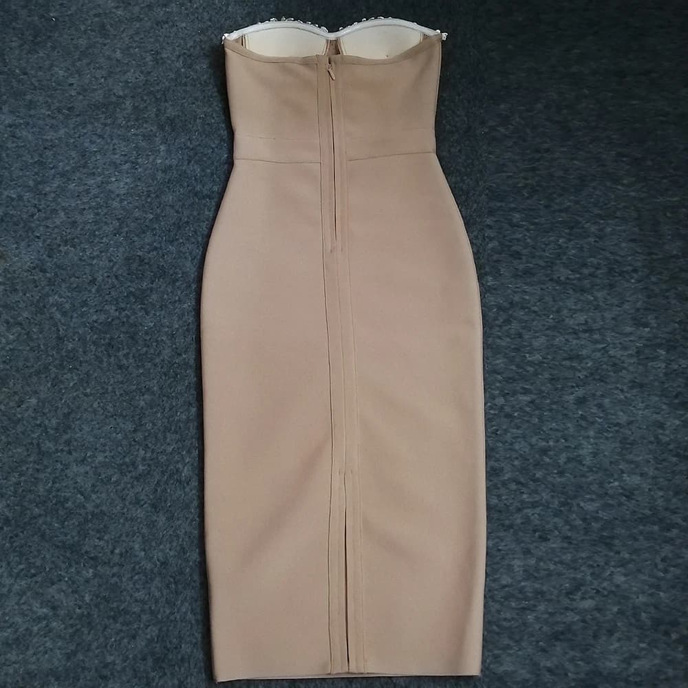 Robe mi-longue à bandes, Sexy, sans bretelles, moulante, élégante, avec perles, pour soirée, boîte d