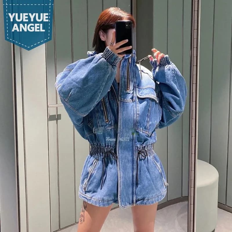 Veste en jean rembourrée mi-longue pour femme, style petit ami, taille élastique, col montant, sweat