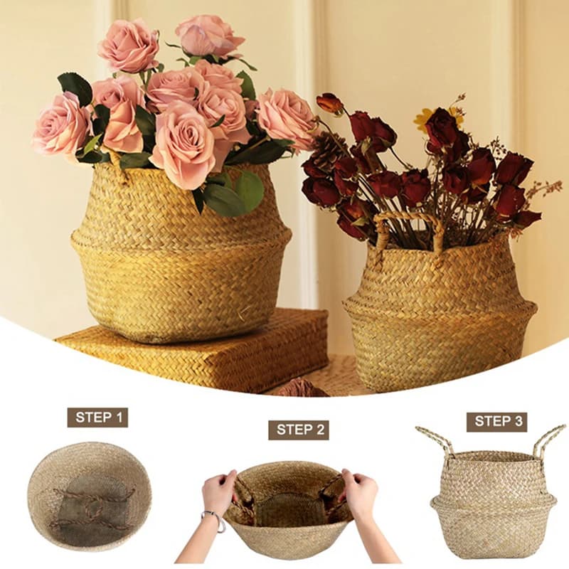 Mir de rangement tissé en jonc de mer WUNICEF, pot de fleurs de plantation pliable, panier à linge d
