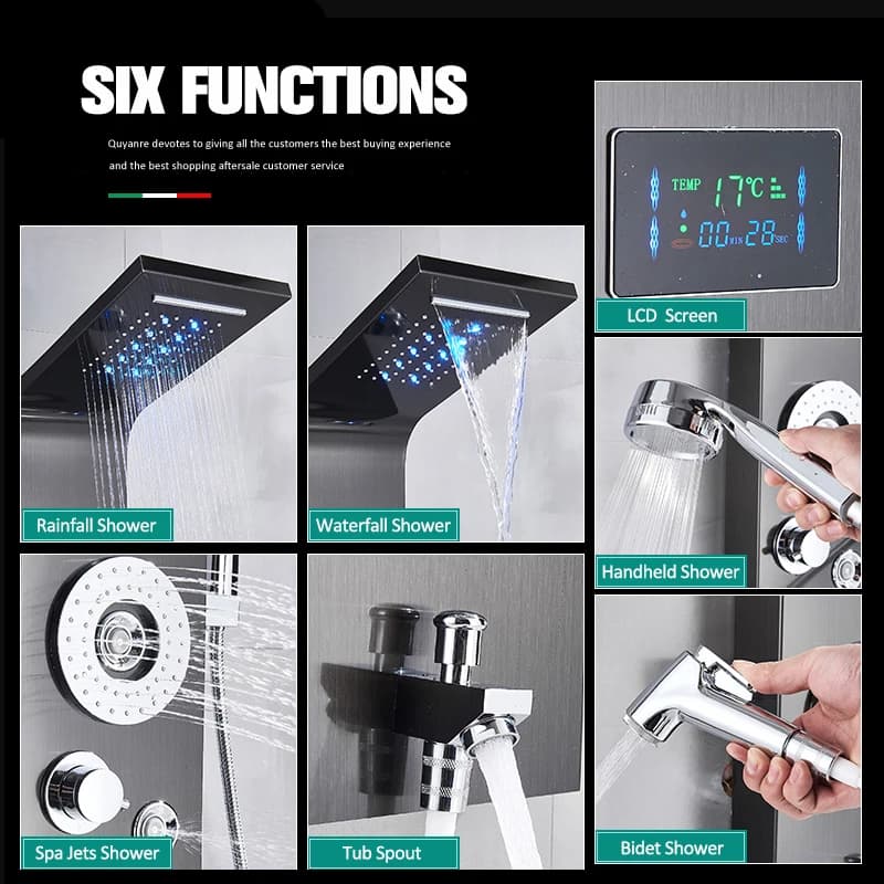 Panneau de douche LED en Nickel noir, colonne de douche à Six fonctions, cascade de pluie, Massage, 