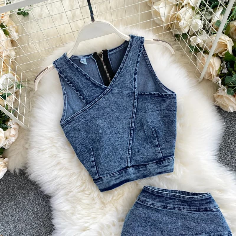 Amolapha-Ensembles de jupes en jean émaillé pour femmes, hauts à bretelles en fibre, jupe en jean, t
