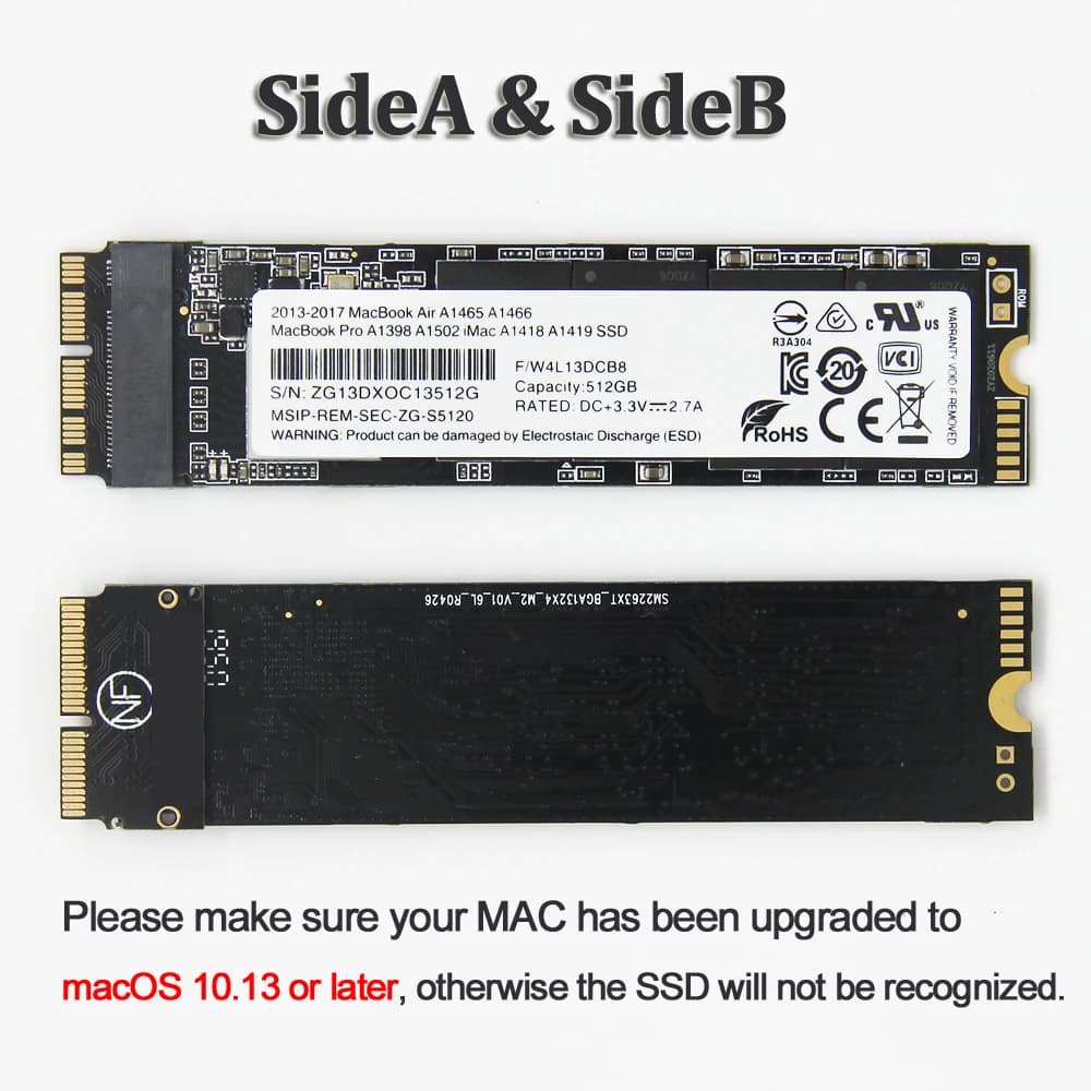 Disque SSD PCIe NVMe pour Macbook Pro A1502, A1398, Air A1465, A1466, iMac A1418, A1419, 128 Go, 256