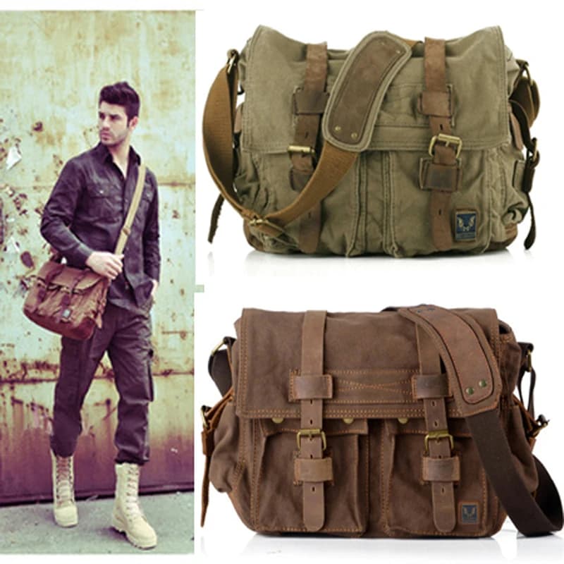 Rétro Vintage coton toile + cuir véritable hommes sac de messager sac à bandoulière militaire toile 