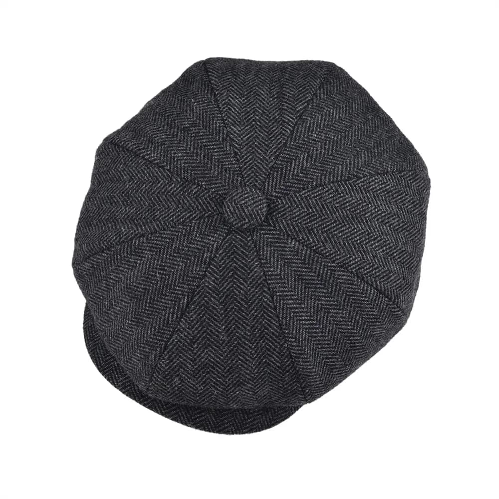 Casquette Gavroche Classique BOTVELA en Laine Tweed à 8 Panneaux Noir Motif Chevrons pour Homme, Cas