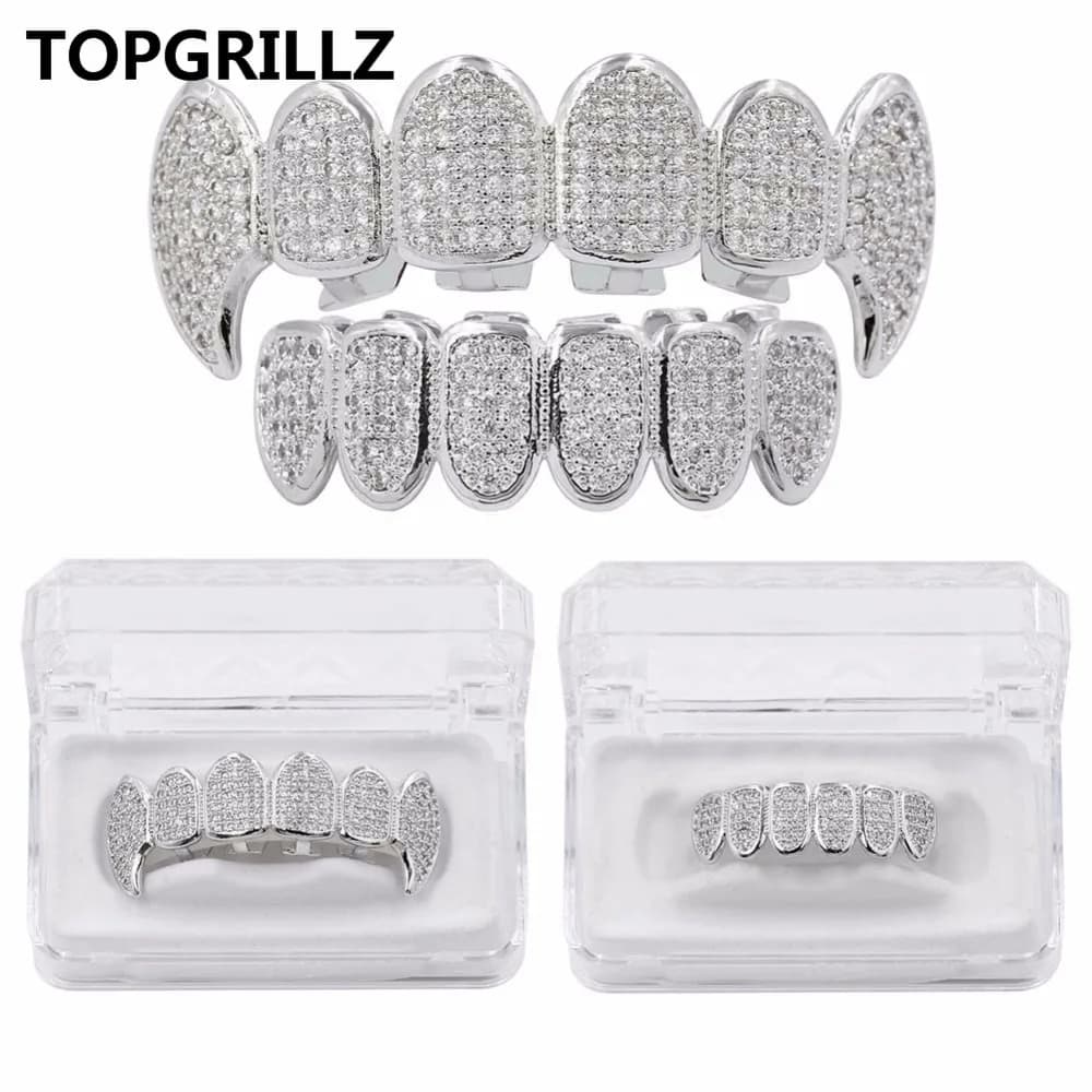 TOPGRILLZ – ensemble de grilles en Rhodium, plaqué argent, CZ, Micro pavé, haut et bas, dents de Vam