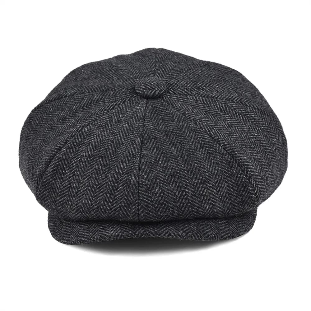 Casquette Gavroche Classique BOTVELA en Laine Tweed à 8 Panneaux Noir Motif Chevrons pour Homme, Cas