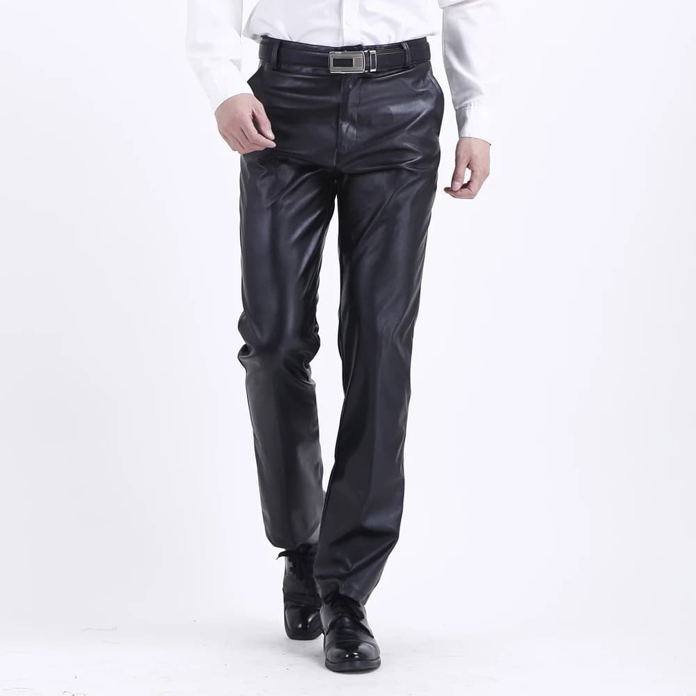 Pantalon en cuir pour hommes coupe droite élastique pantalon en cuir PU pantalon de moto mince