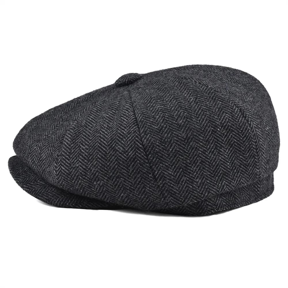 Casquette Gavroche Classique BOTVELA en Laine Tweed à 8 Panneaux Noir Motif Chevrons pour Homme, Cas