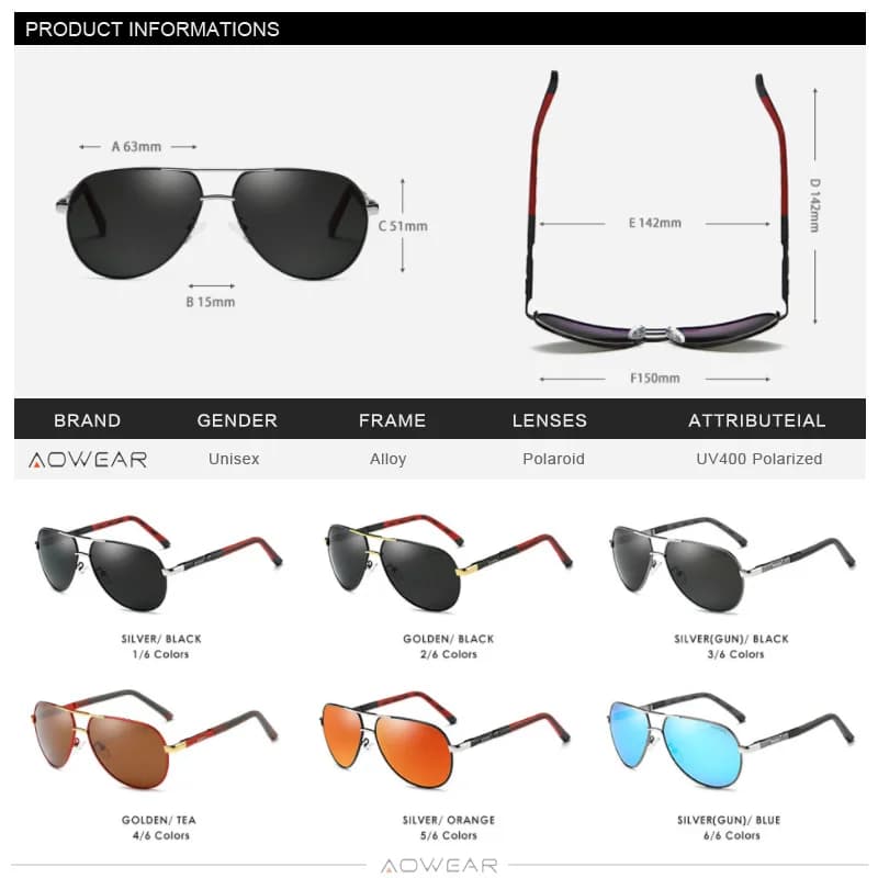 AOWEAR Aviation lunettes de soleil polarisées hommes en aluminium conduite miroir lunettes de soleil