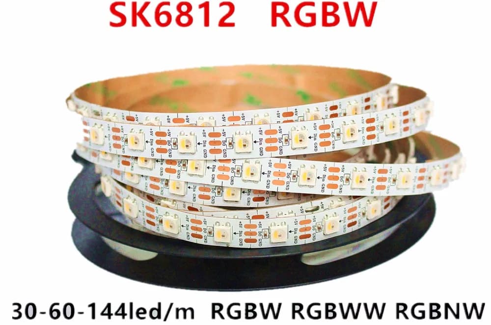 SK6812 RGBW (similaire Ws2812b) 4 en 1 1m/4m/5m 30/60/144 LED/Pixels/M bande adressable individuelle