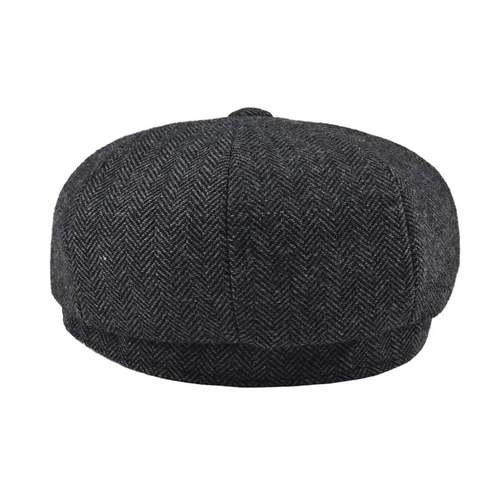 Casquette Gavroche Classique BOTVELA en Laine Tweed à 8 Panneaux Noir Motif Chevrons pour Homme, Cas
