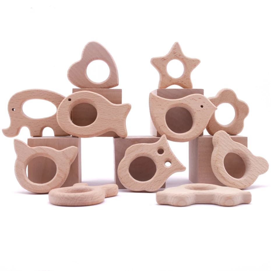 Lot d'anneaux de dentition en hêtre sculptés en forme d'animaux pour bébé,jouets pour enfant, penden