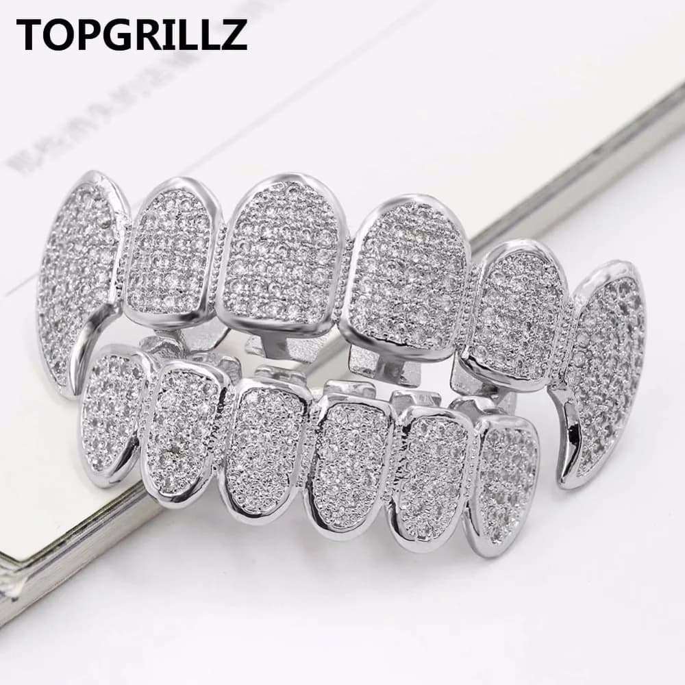 TOPGRILLZ – ensemble de grilles en Rhodium, plaqué argent, CZ, Micro pavé, haut et bas, dents de Vam