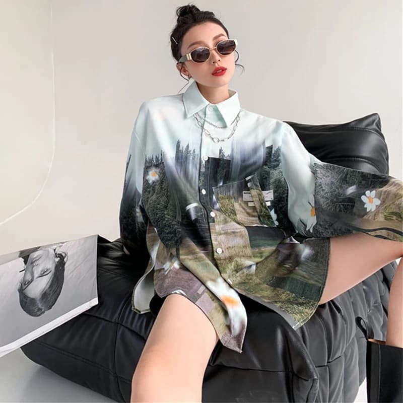 Chemisiers surdimensionnés à manches longues pour femmes, chemises imprimées à l'huile, Streetwear p