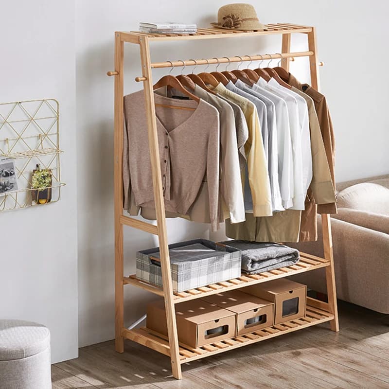 Étagères de rangement pour vêtements en bambou, manteau et vêtements, chaussures à 2 niveaux, assiet