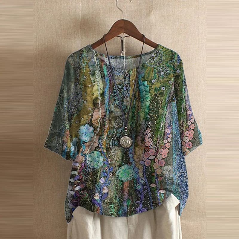 Chemisier imprimé Floral pour femmes, chemise d'été décontractée, col rond, pull à manches mi-longue