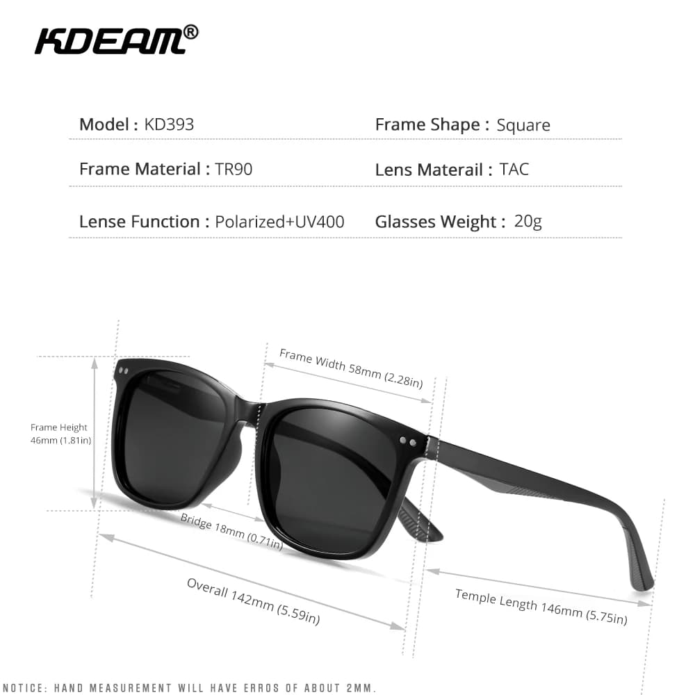 KDEAM hommes lunettes de soleil carrées lentille polarisée TR90 matériel cadre printemps charnières 