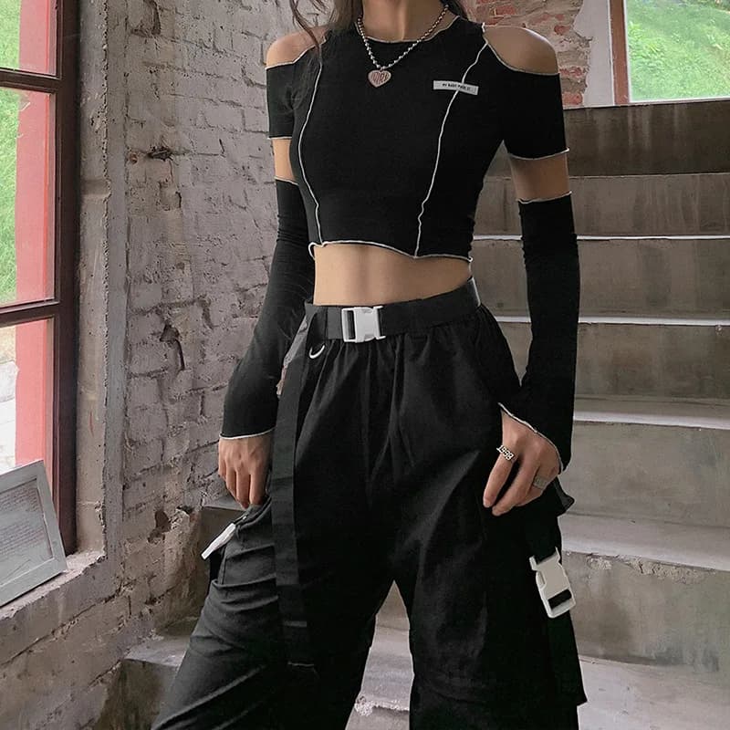 Patchwork noir T-shirts gothique Y2k haut court volants ourlet Hip Hop Techwear femmes T-shirts