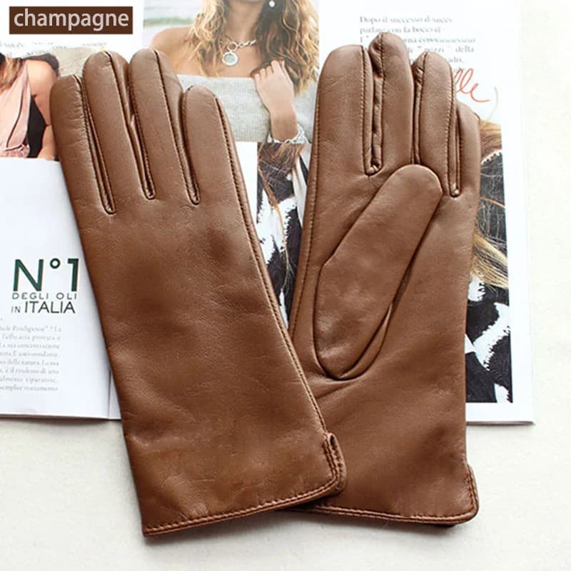 Gants en cuir de mouton de couleur pour femmes, doublure en laine de Style droit, chauds pour moto, 