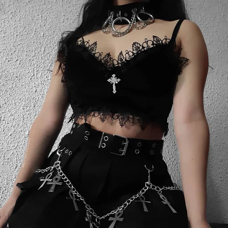 Hauts courts en velours pour femmes, garniture en dentelle noire, alternative Emo, hauts courts esth
