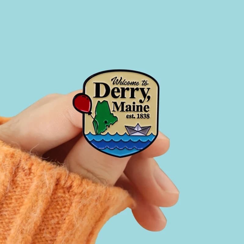 Enseigne de film en émail, badge pin, bienvenue à Derry, mine, Pennywise IT