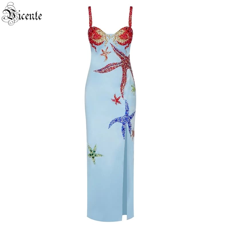 VC Sling-Robe longue en satin avec motif étoile de mer et diamant, fourche fendue, sangle à encolure