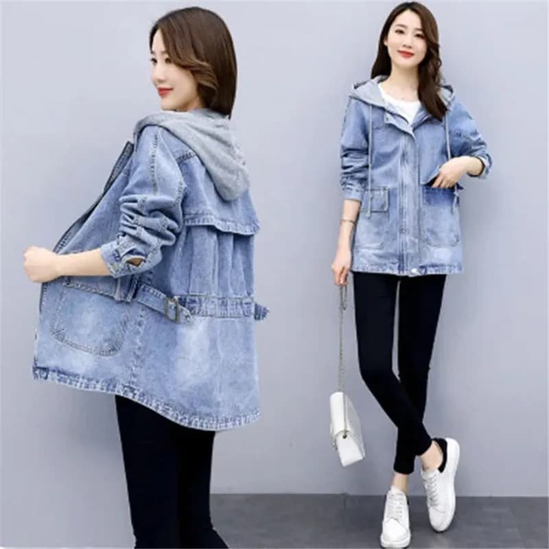Veste en Jean à Capuche Mi-Longue pour Femme, Style Coréen, Nouvelle Collection Printemps Automne 20