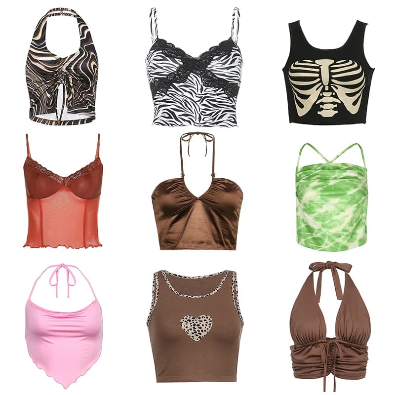 Haut court à bretelles vintage pour femmes, caraco dos nu des années 90, t-shirts Y2K, camisole de f