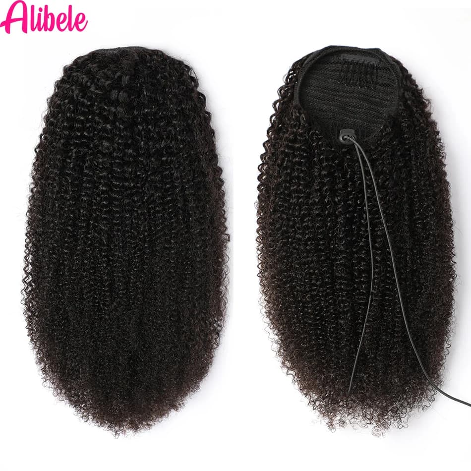 Alibele-Extensions de Cheveux Humains Crépus Bouclés Afro, Queue de Cheval Longue à Clips, 10-28 Pou
