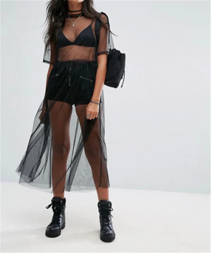 Sexy femmes soirée noir voir à travers maille robe pure Maxi robe Tulle dentelle longue robe décontr