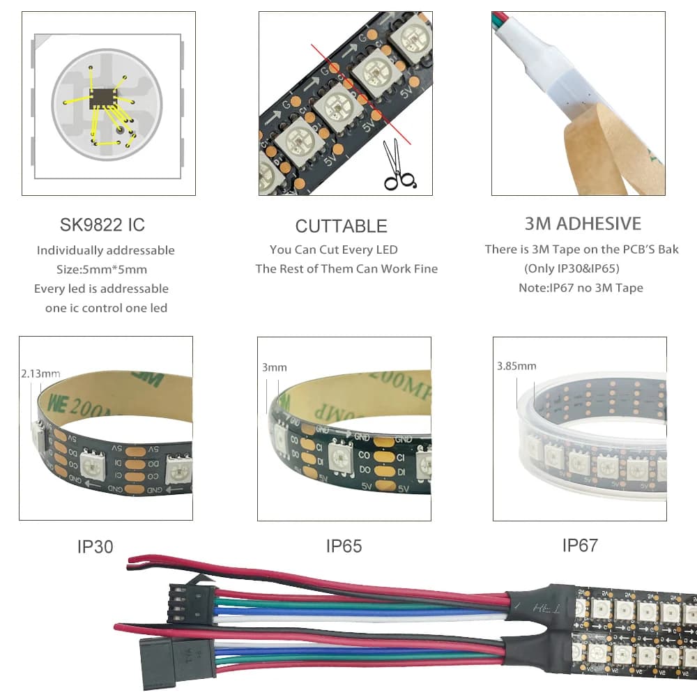 5 m/rouleau DC5V SMD APA102 SK9822 30/60/144 LED/m données et horloge adressable séparément bande de
