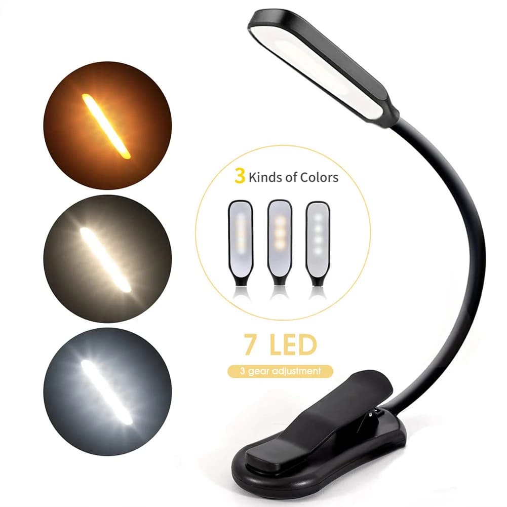 Mini lampe de lecture Rechargeable à 7 LED, 3 niveaux, blanc chaud et froid, Flexible, lampe à Clip 