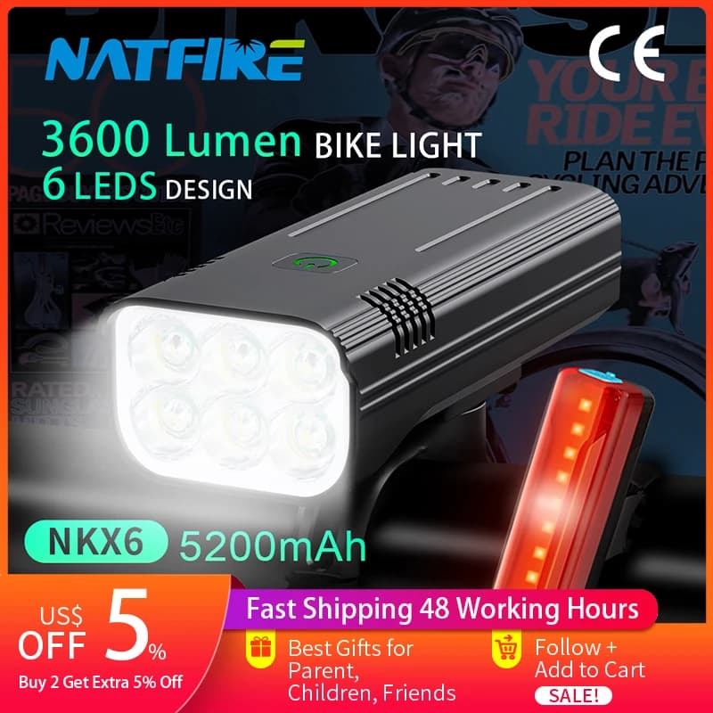 NATFIRE 6 LED lumière de vélo 3600 Lumen lampe de vélo Rechargeable lampe de poche avant et arrière 