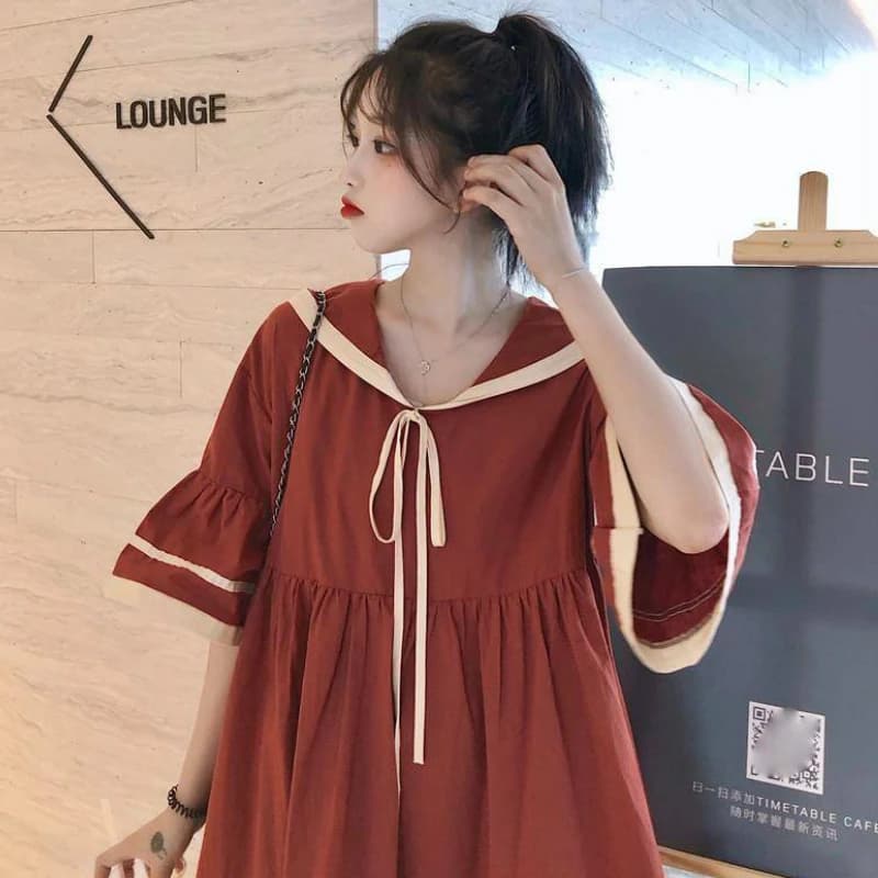 Robe trapèze à manches courtes évasées pour femmes, robe à lacets, plissée, rayée, adt Harajuku, étu