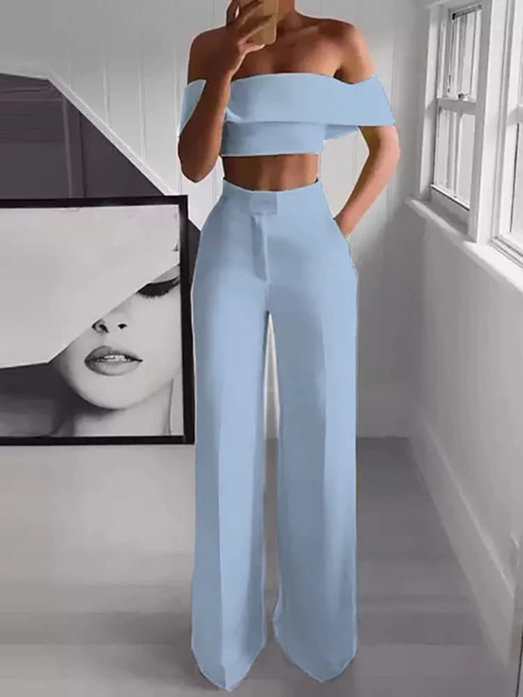 2025 été solide décontracté deux pièces ensemble femmes Sexy haut court jambe large pantalon tenues 